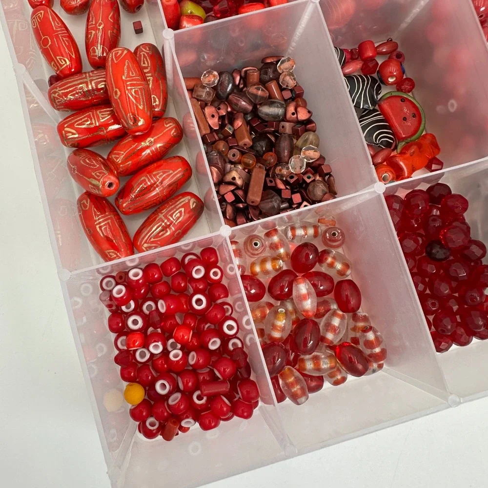 Large Red Glass Bead Lot Jewelry Making Supplies Floral Craft Organizer Case